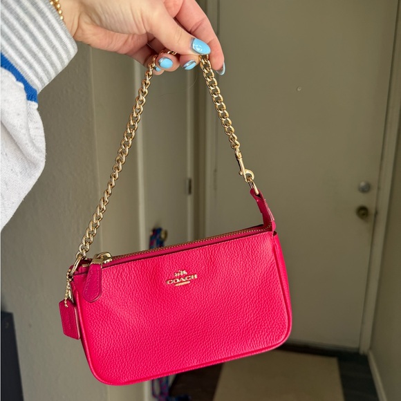 Coach Hot Pink Leather Wristlet with Gold Chain